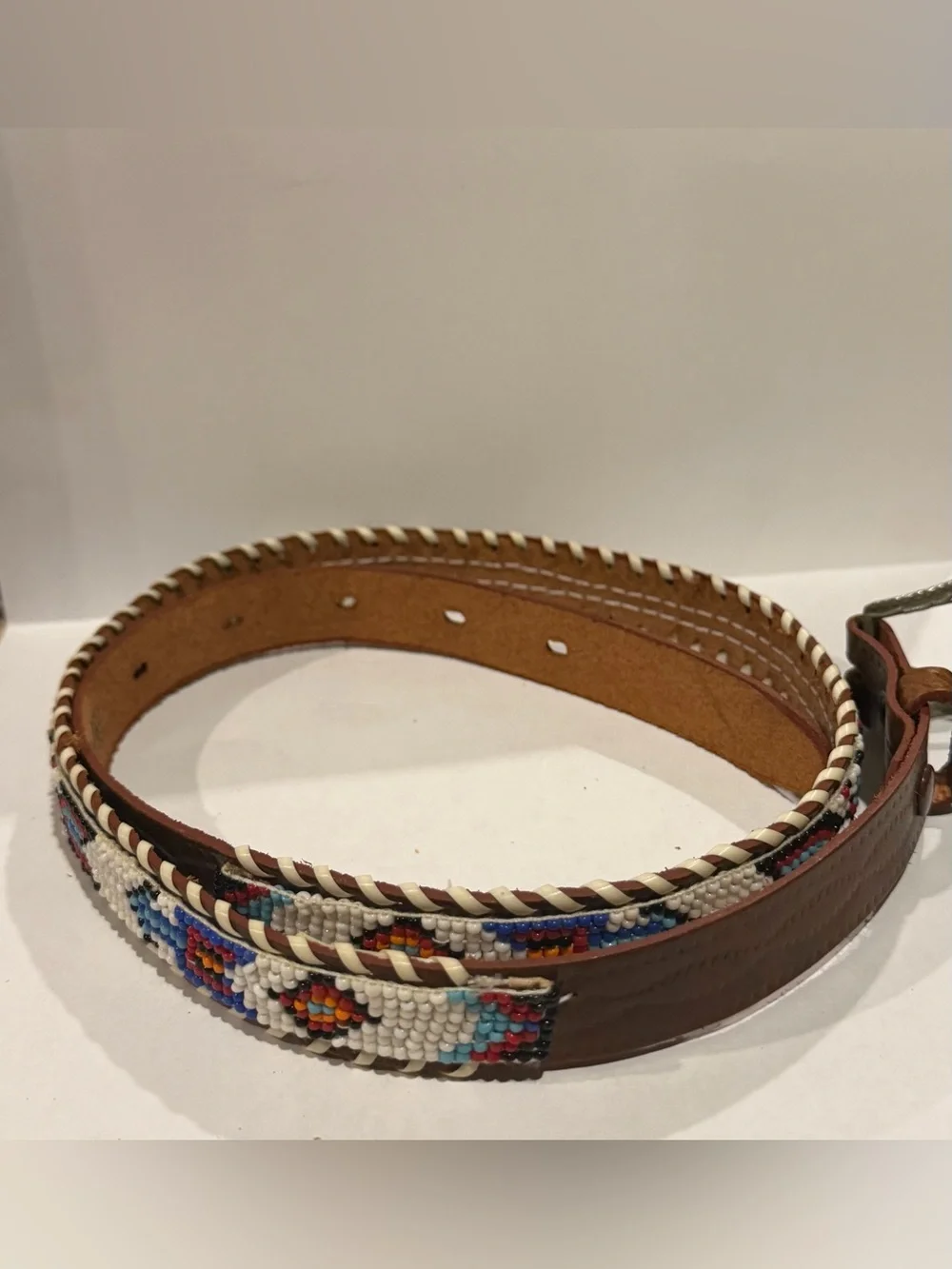 Vintage Native American Thunderbird Hand Beaded. Leather/Cowhide belt
